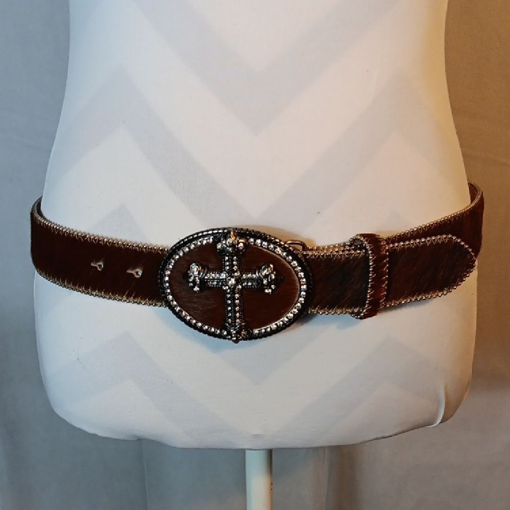 Brown Leather Cow Hair Belt with Rhinestone Studded Cross Buckle